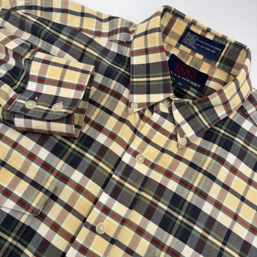 Lucchese 1883 Western Shirt Mens Medium Tan Green Plaid Long Sleeve Button Down